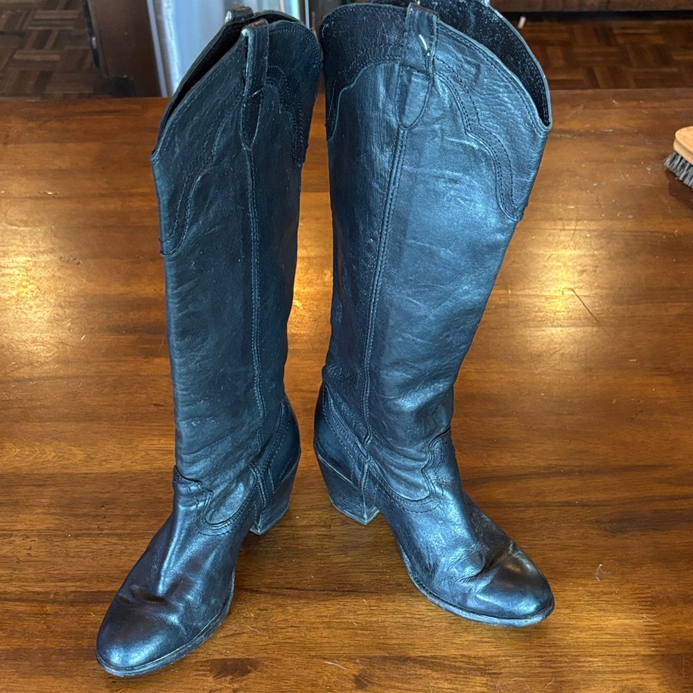 Frye tall “cowboy” pull on black leather boots